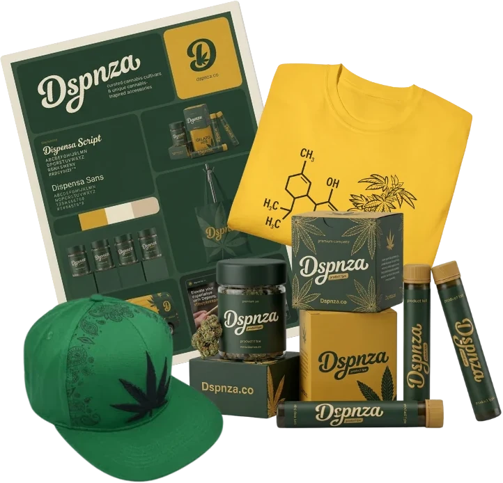 Dspnza brand kit: brand guidelines sheet, printed tee, cap, product jar, boxes and pre-roll tubes