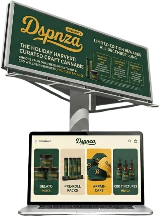 Dspnza out-of-home campaign: a holiday billboard beside the matching online storefront