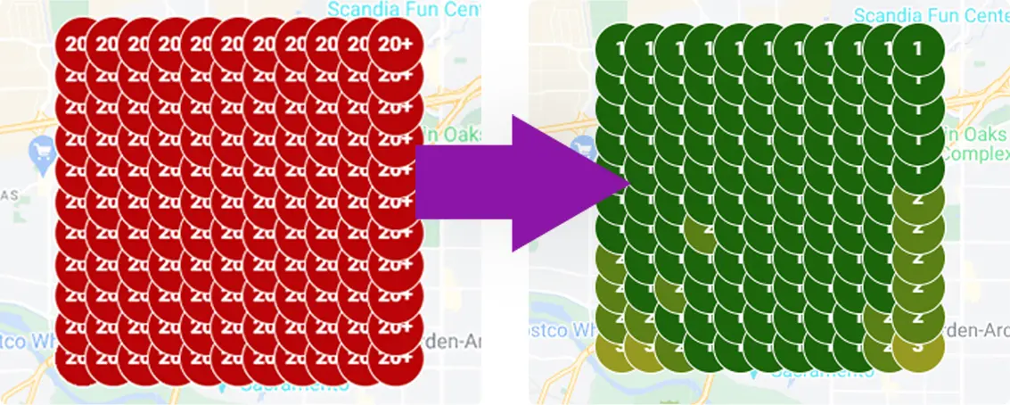Local search rank grid, before and after: red rank 20 plus pins on the left, green rank 1 pins on the right.