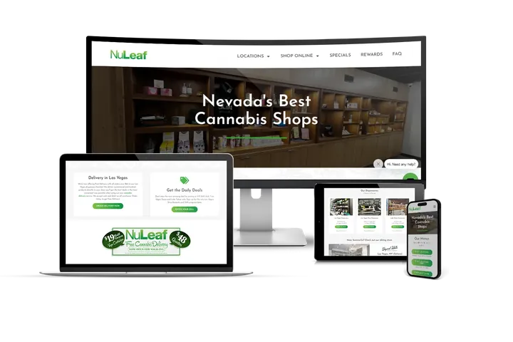 The NuLeaf NV website shown on a monitor, laptop, tablet and phone.