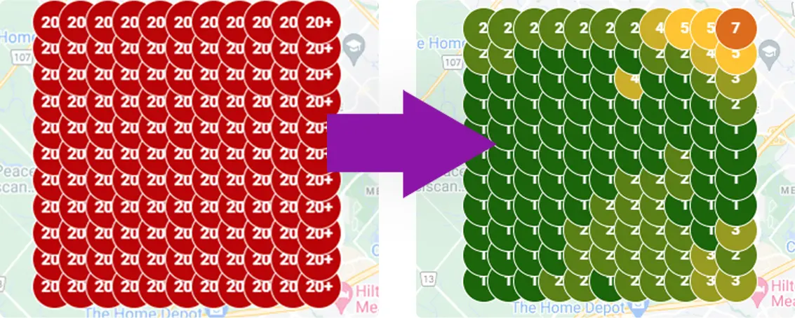 Local search rank grid, before and after: red rank 20 plus pins on the left, green rank 1 pins on the right.