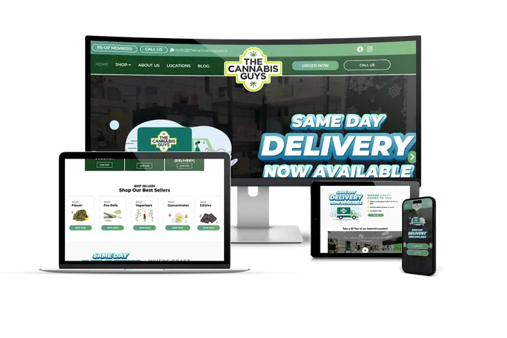 The Cannabis Guys website shown on a monitor, laptop, tablet and phone.
