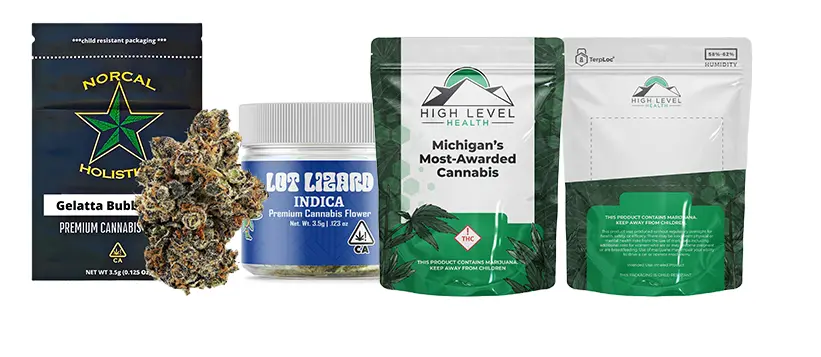 Cannabis products in branded packaging from Dispenza clients