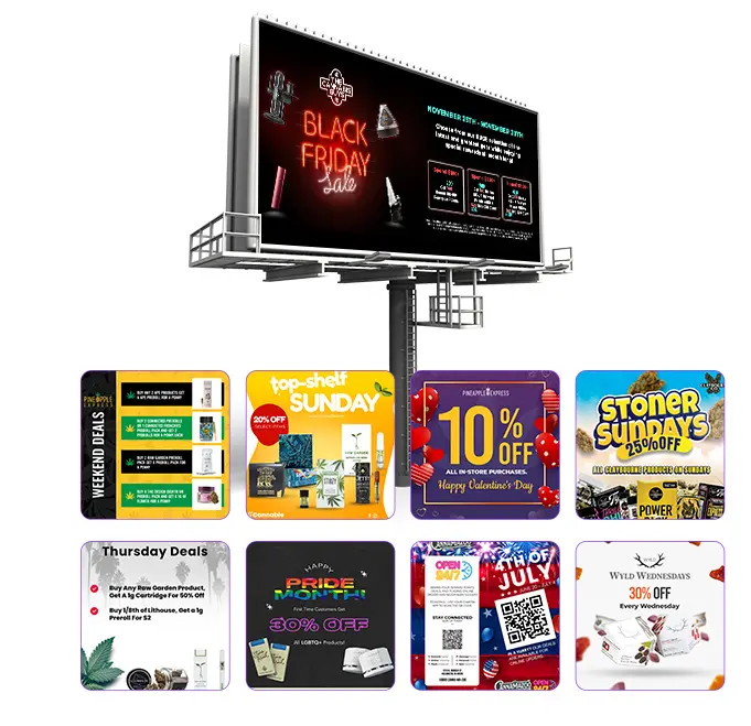 Dispenza ad design samples: a Black Friday sale billboard and eight dispensary deal graphics