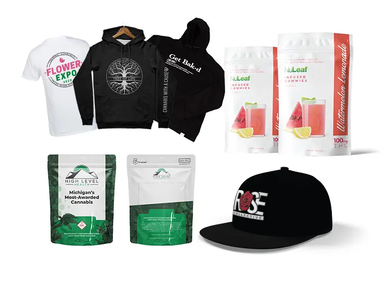 Dispenza branding and packaging samples: printed tees and hoodies, gummy pouches, flower bags and a cap