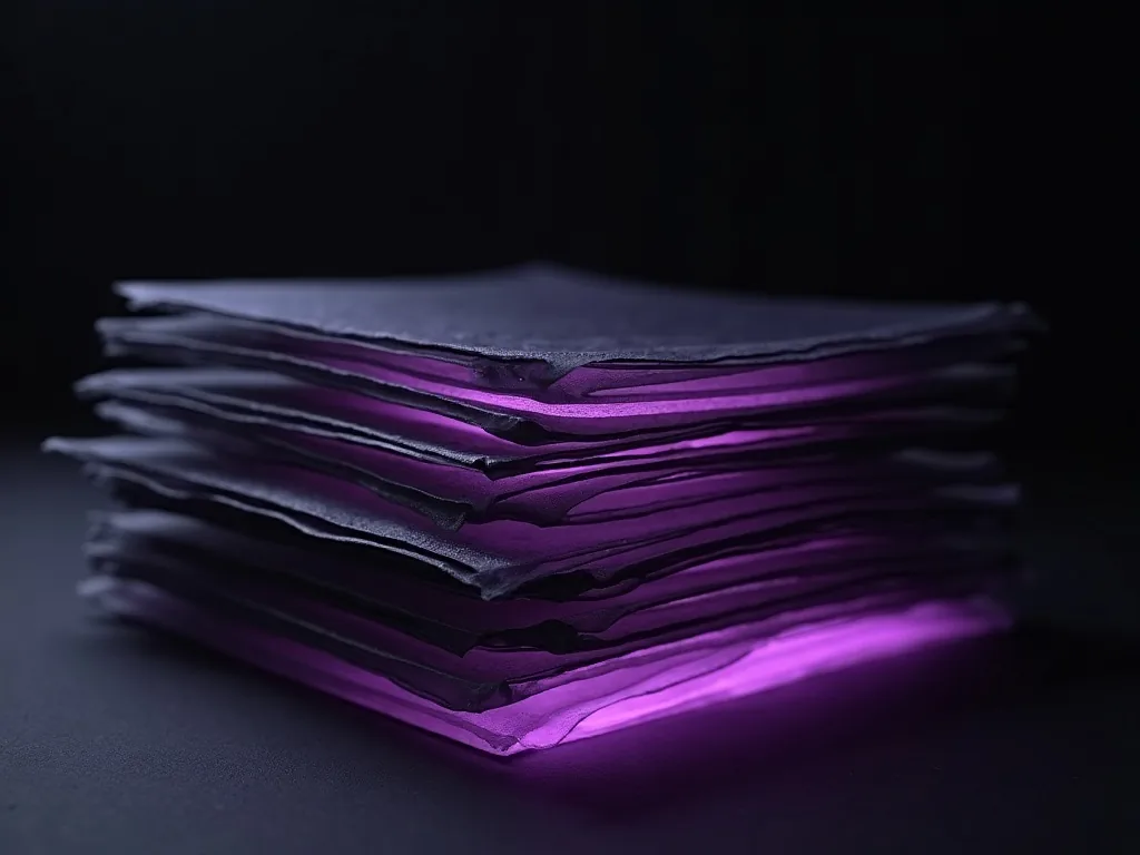 A stack of printed sheets lit by a violet glow