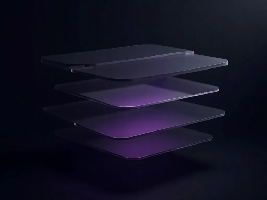 Stacked translucent plates lit from within by a violet glow, an abstract of the SGEN platform layers