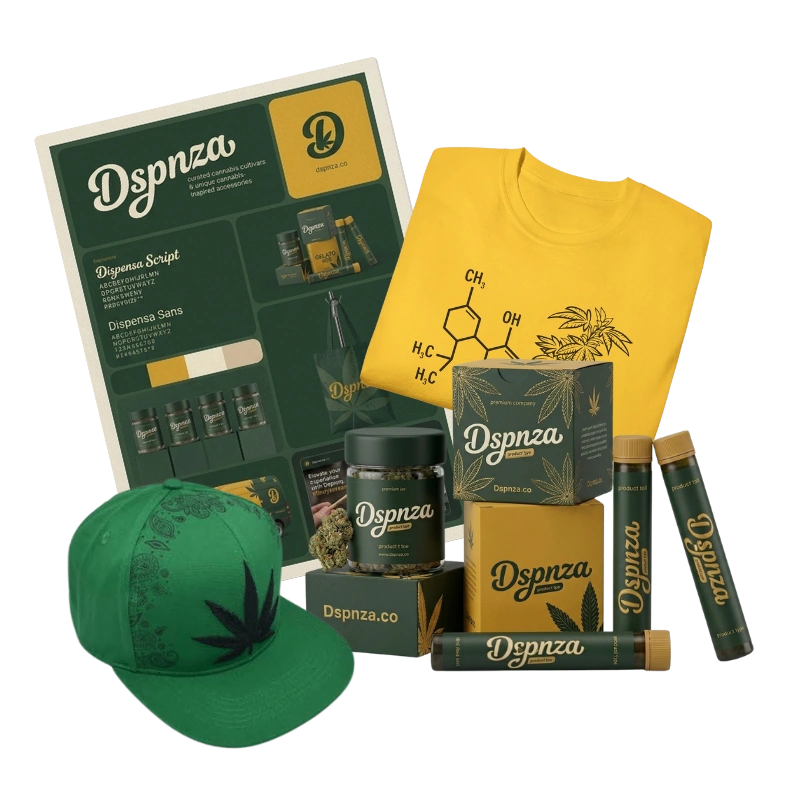 Dispenza brand board with dispensary logos, packaging and printed collateral