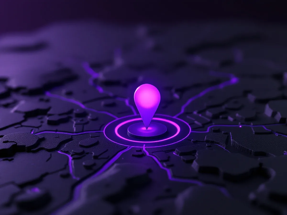 A dark relief city map with glowing location pins and radius rings
