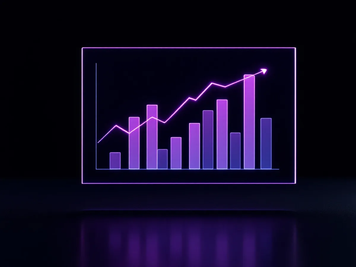 A glass dashboard panel showing rising bar columns and an ascending curve