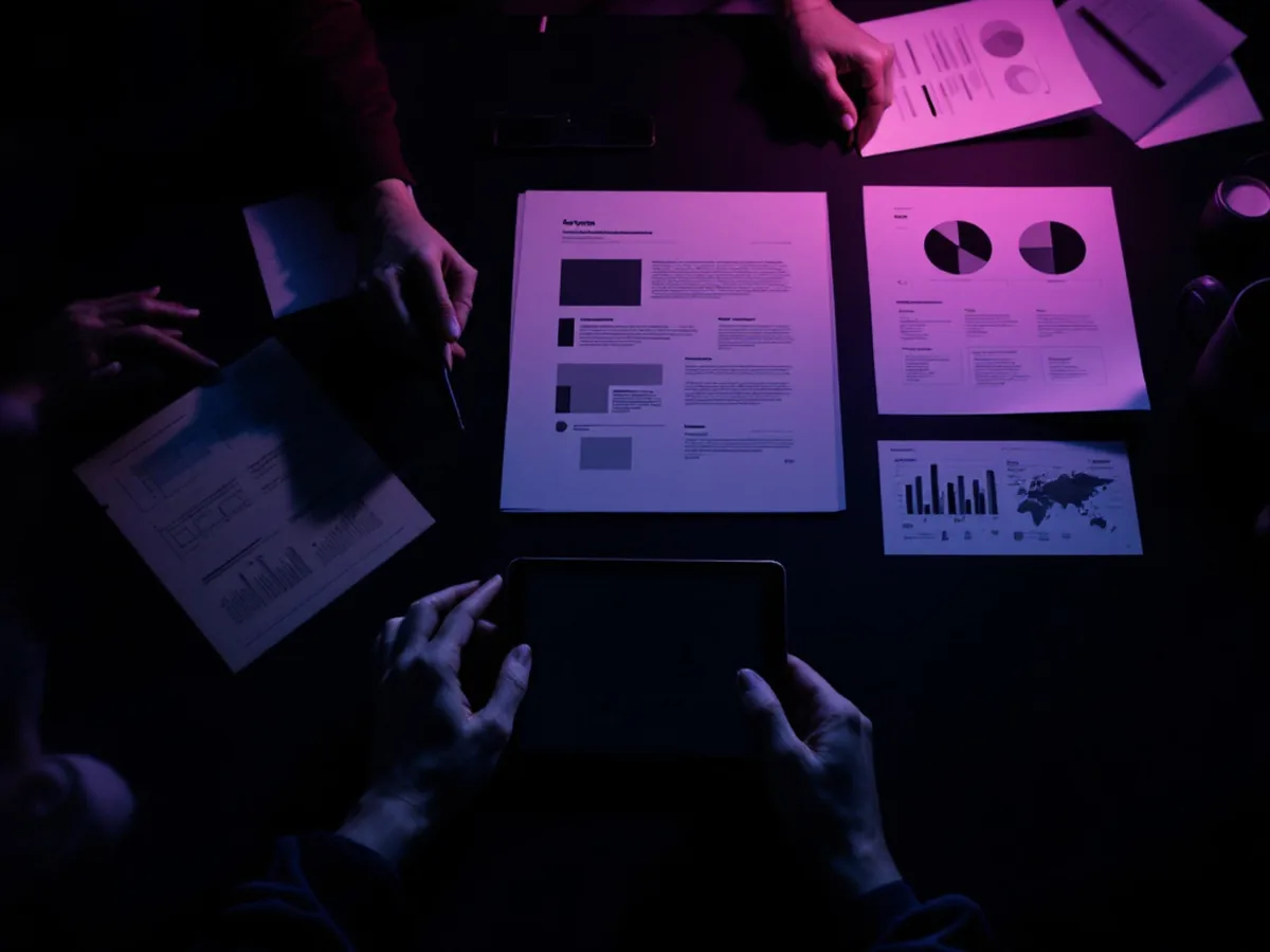 Two people reviewing printed layout sheets and a tablet on a dark desk