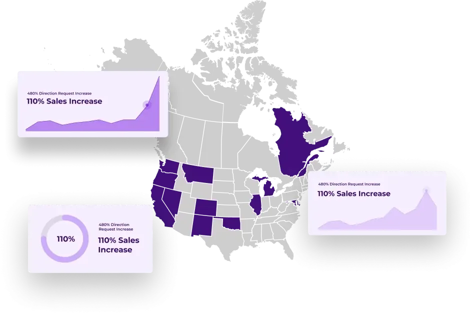 Map of North America with the states and provinces Dispenza operates in highlighted.
