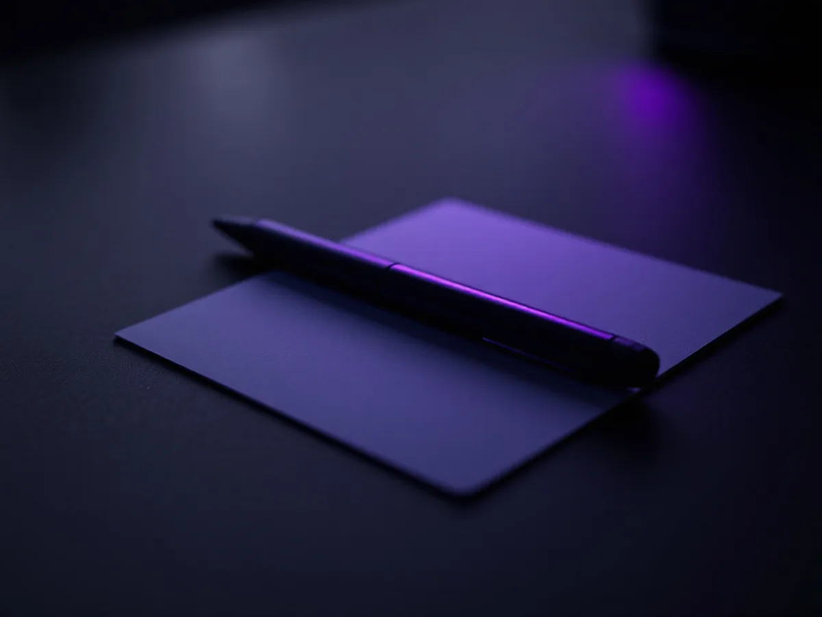 A stylus resting on a blank card on a dark desk