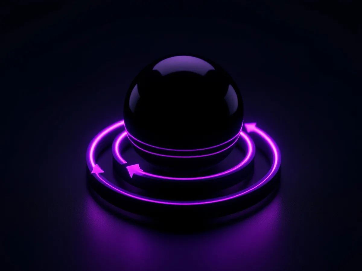 Circular arrows looping around a dark glossy sphere