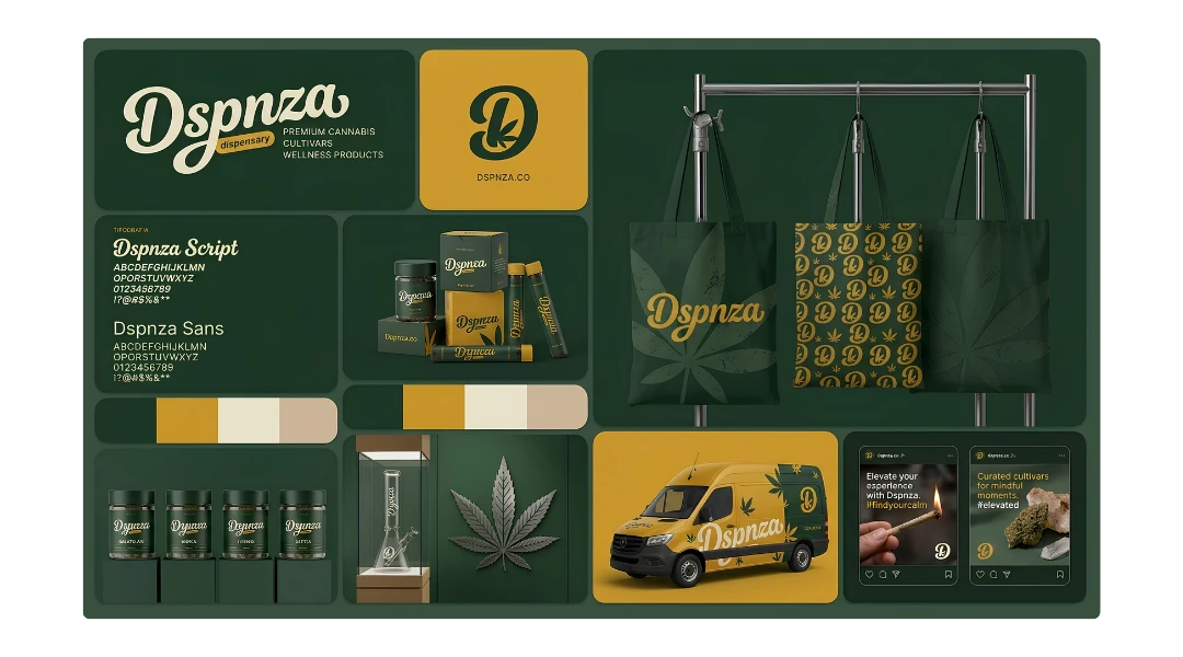 Dspnza brand board: wordmark, monogram, script and sans type specimens, colour swatches, packaging, tote bags, delivery van and social posts