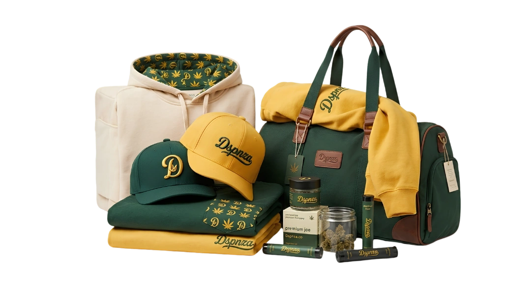 Dspnza branded merchandise: embroidered hoodie, two caps, folded tees, a duffel bag, a flower jar and pre-roll tubes