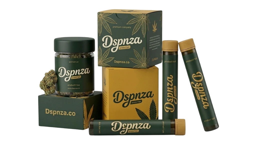 Dspnza packaging: glass jar, printed cartons and pre-roll tubes