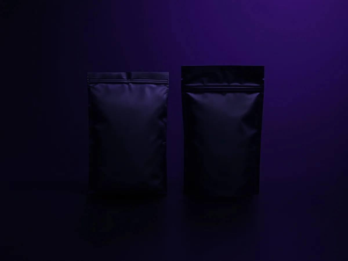 A blank package beside an abstract brand mark