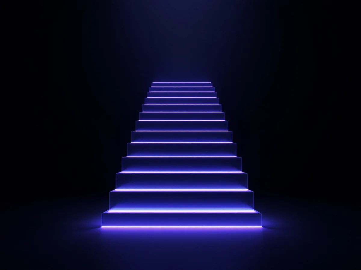 An ascending staircase of translucent slabs receding into haze