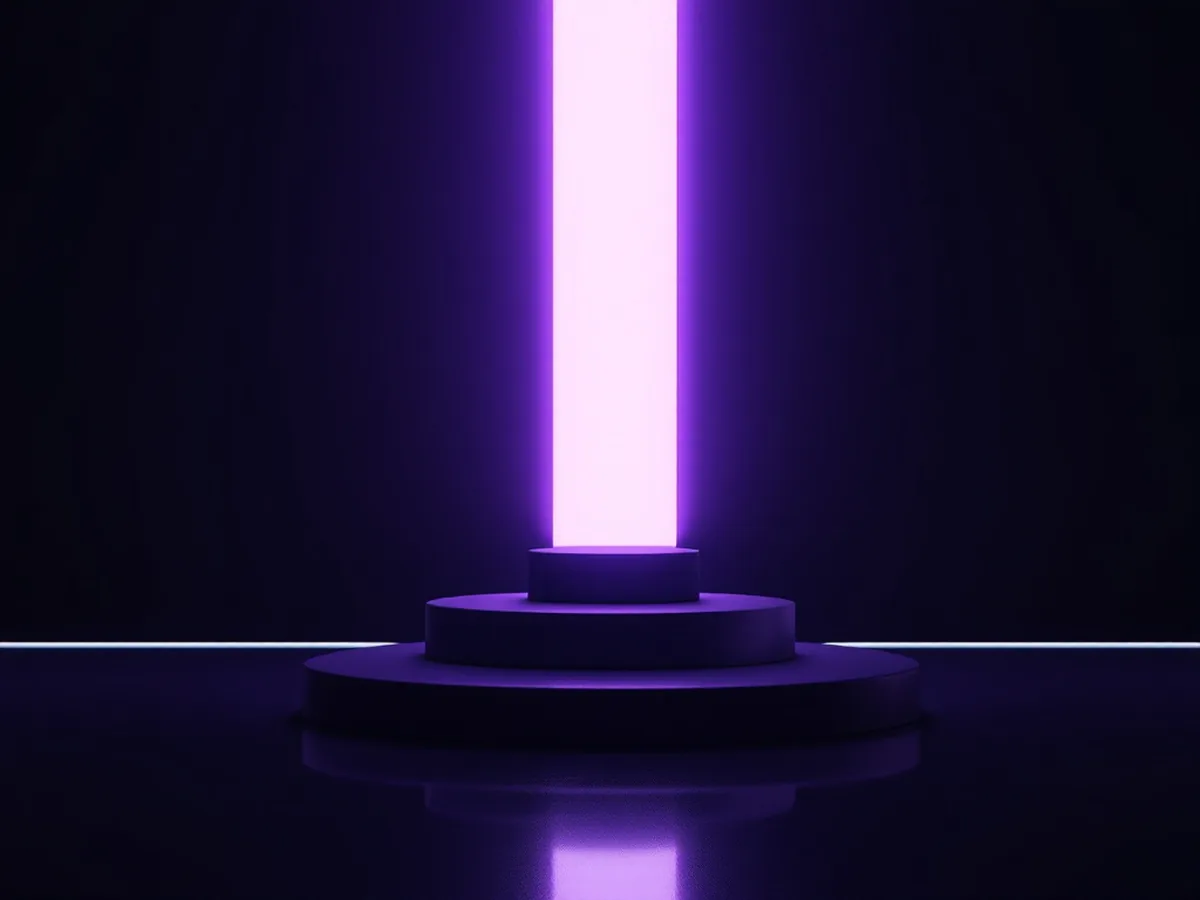 A tall light column rising above shorter ones on a reflective plane