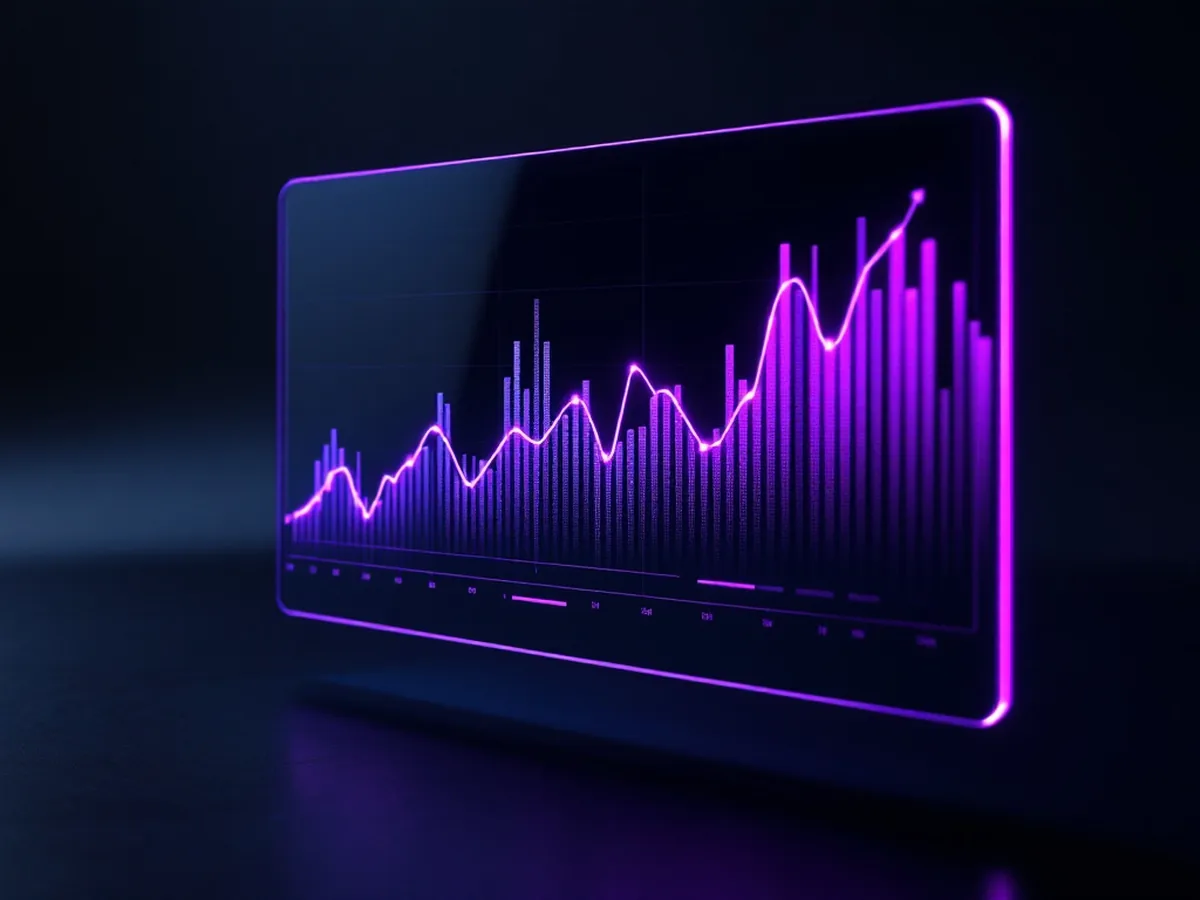 A dark glass report panel with metric arcs and a rising curve