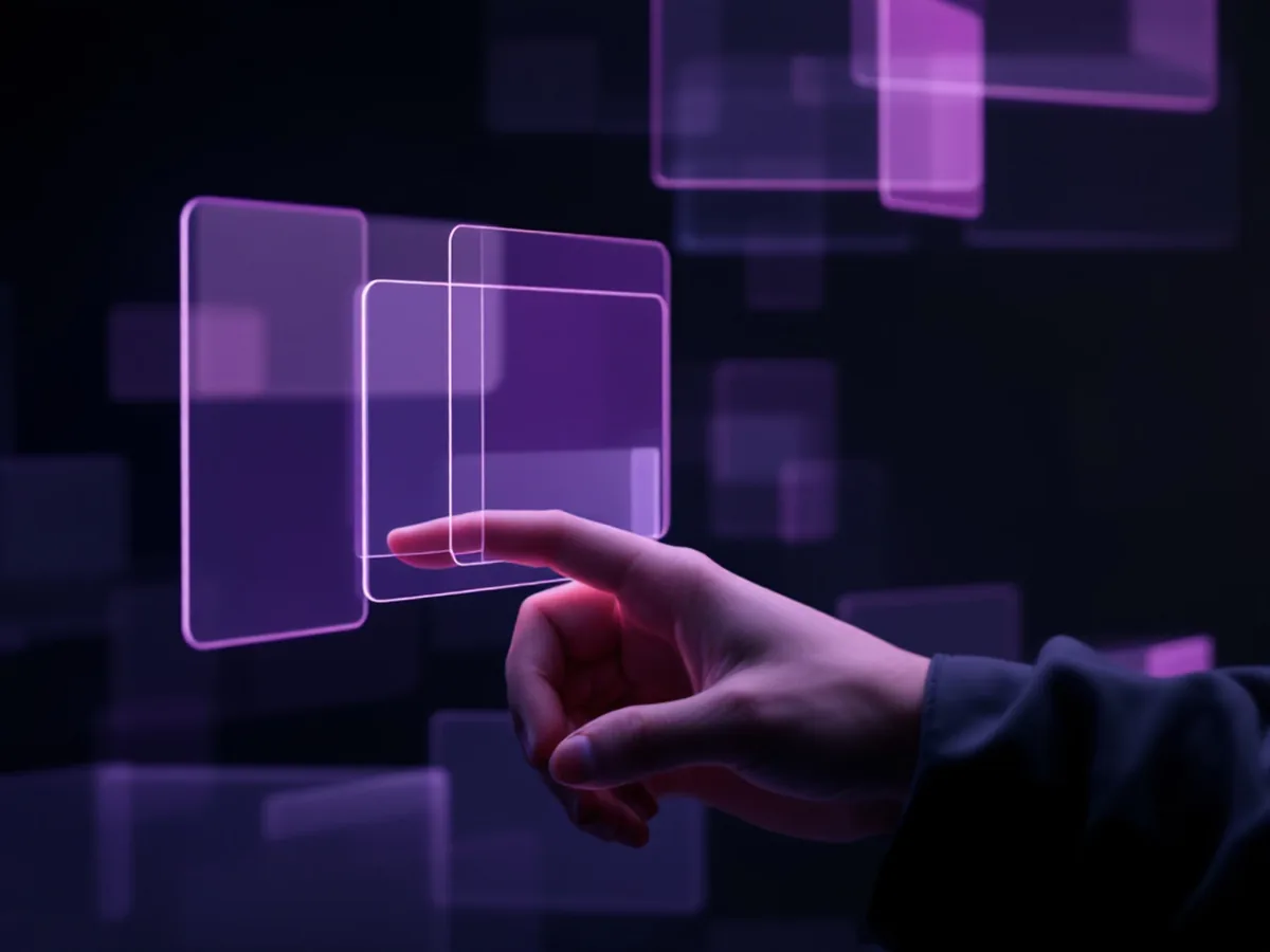 A hand reaching toward a floating translucent interface card
